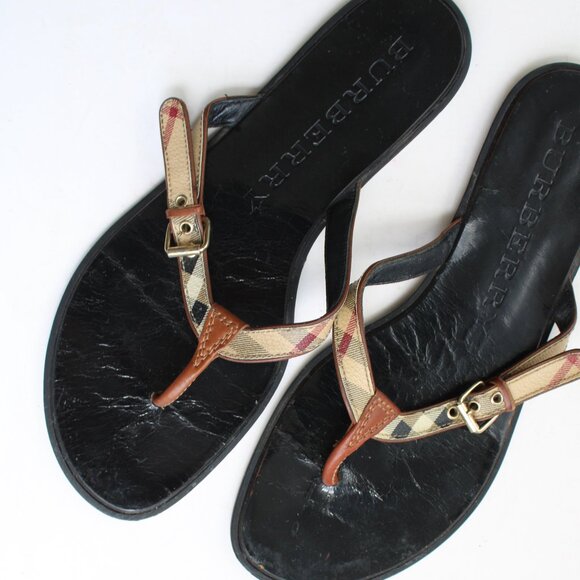 Burberry Multicolor Nova Check Coated Canvas And Leather Thong Flats Size 9 - Picture 2 of 7